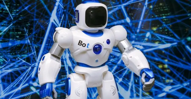 Advanced humanoid robot with glowing blue accents in a digital network setting.