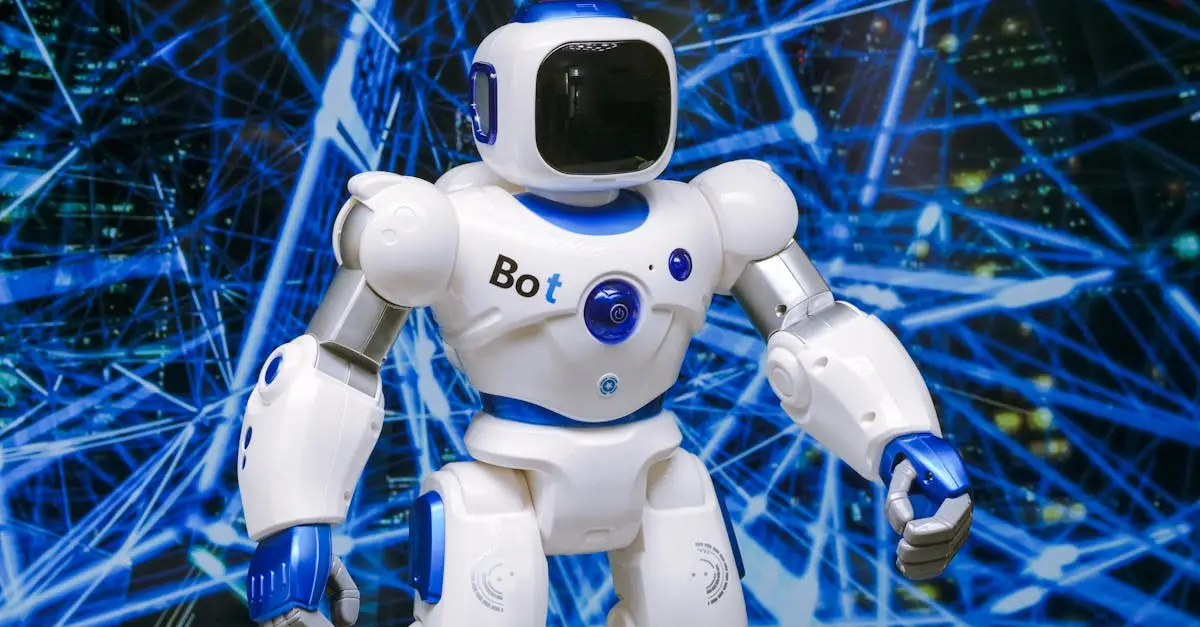 Advanced humanoid robot with glowing blue accents in a digital network setting.