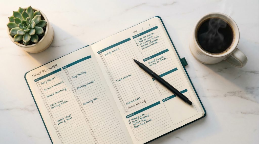 ADHD brain planner review - Open planner with structured daily planning sections on desk